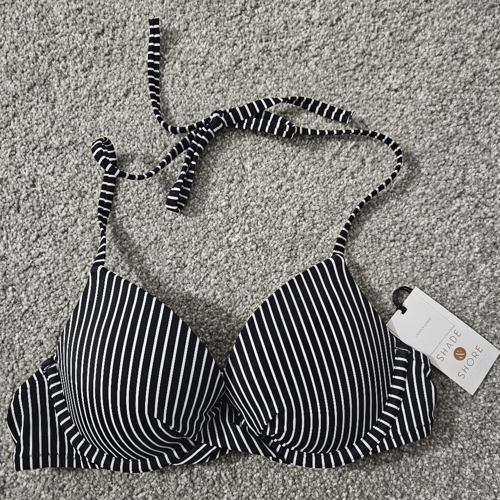 SHADE & SHORE black/white BIKINI TOP striped LIGHTLY LINED underwire - Picture 2 of 7